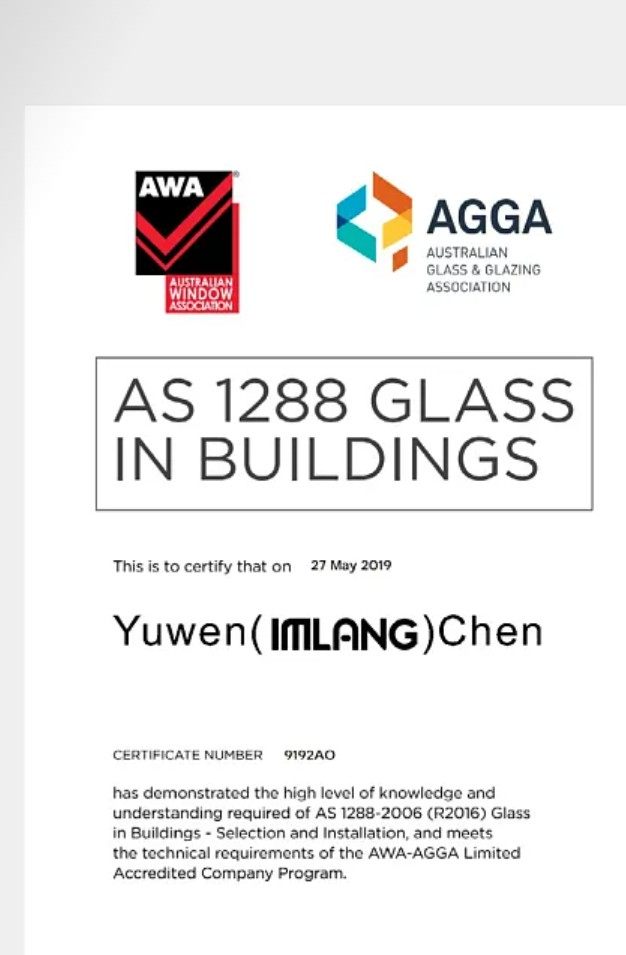 AWA-AGGA AS 1288 Glass in Buildings accreditation certificate