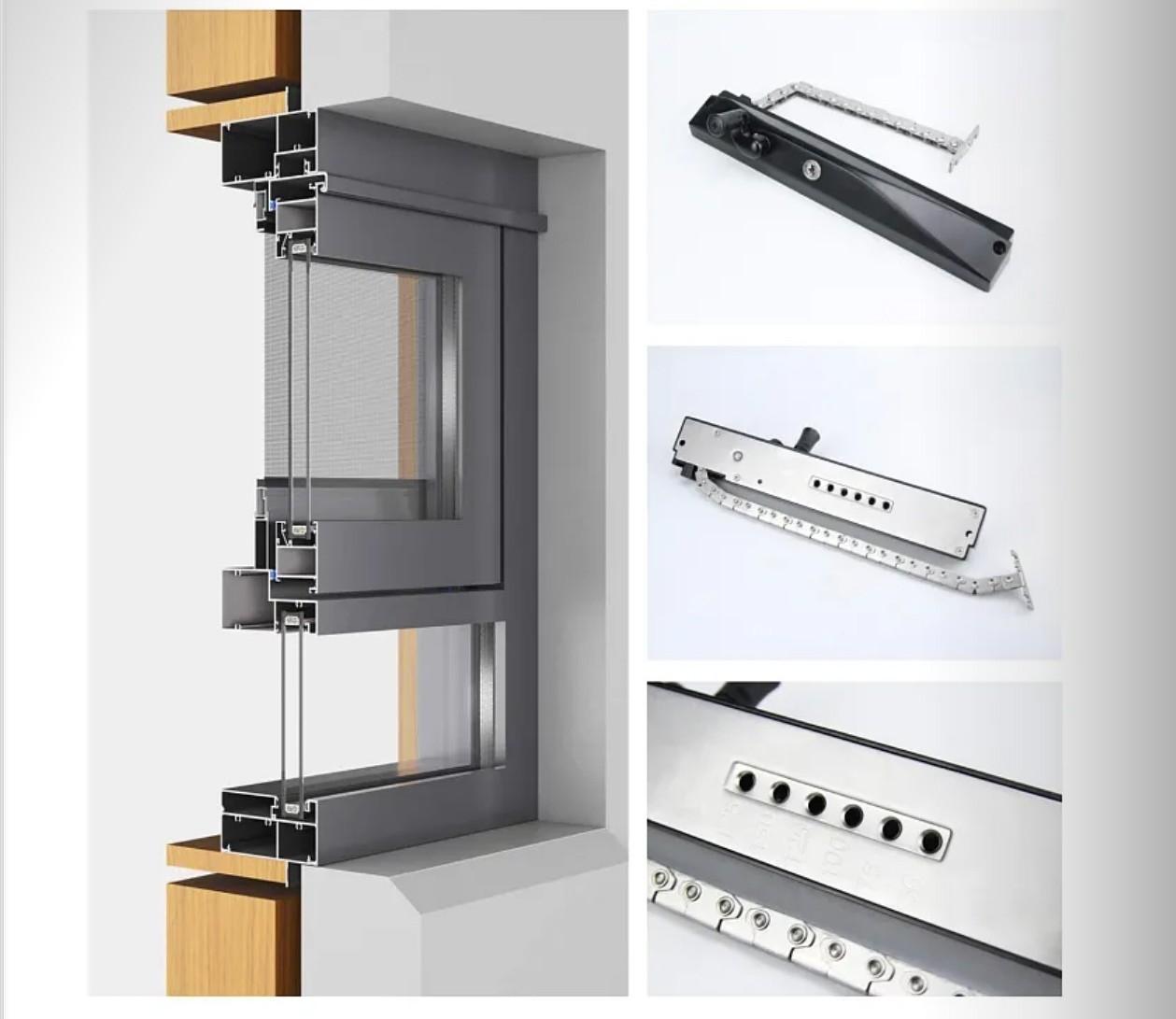 IMLANG 101 Awning Window frame cutaway diagram and hardware