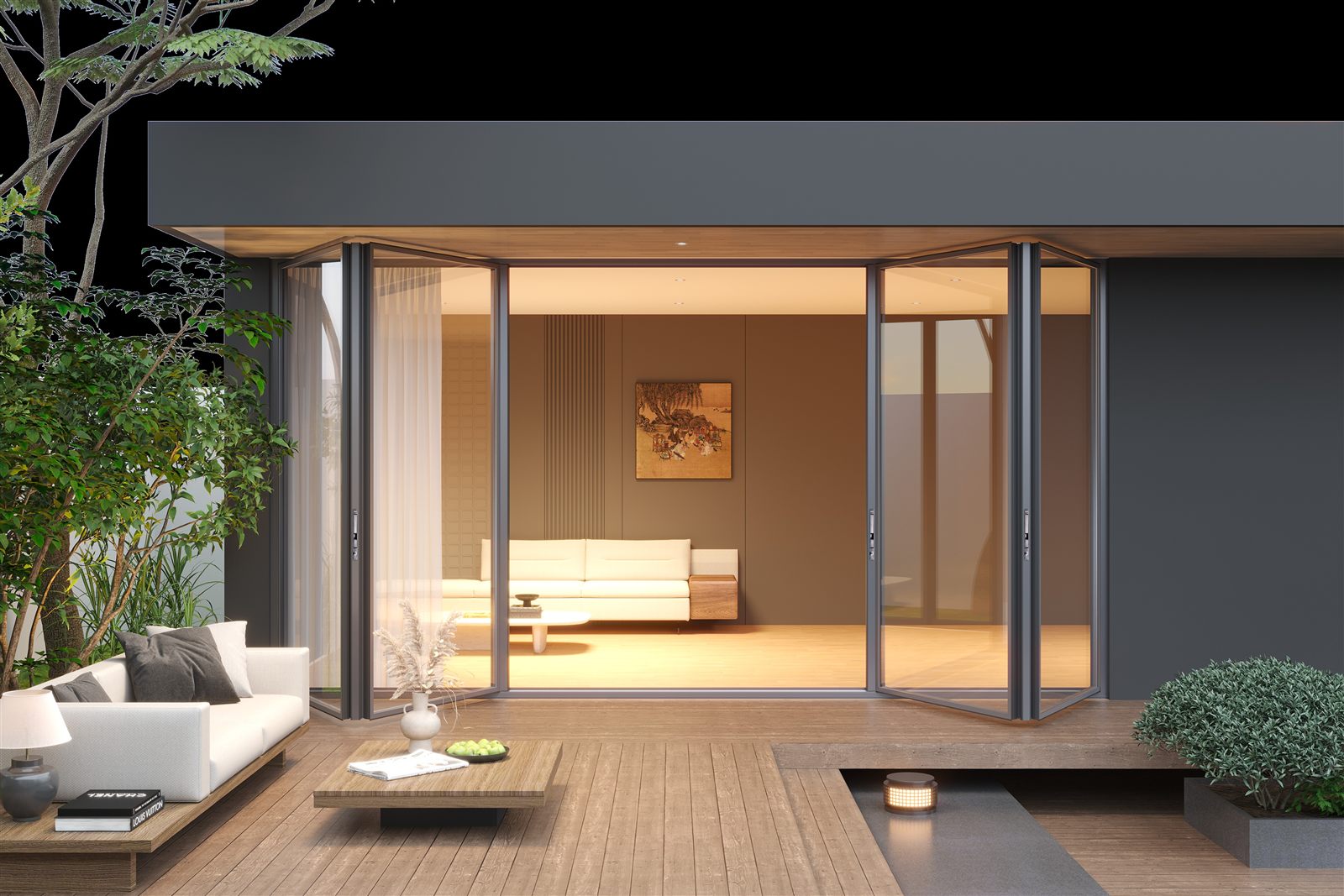 IMLANG folding door opening onto a timber deck at dusk