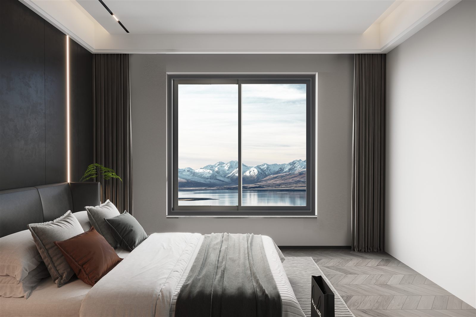 IMLANG sliding window installed in a bedroom with mountain and lake views