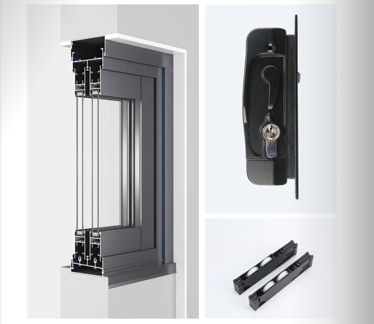 IMLANG 101 2-Track Sliding Window frame cutaway diagram and hardware