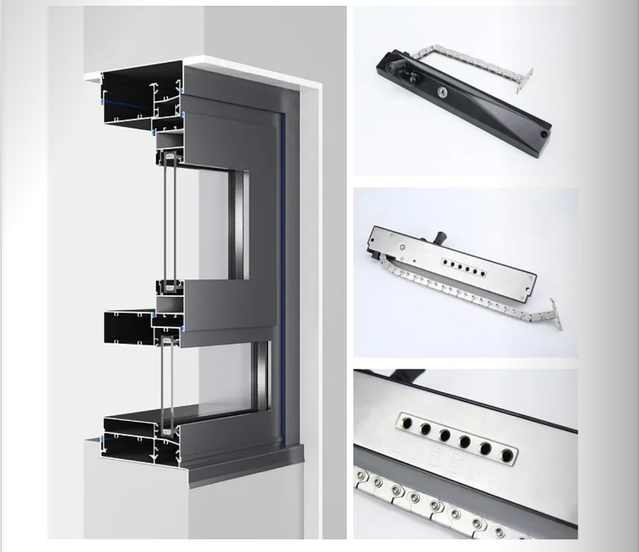 IMLANG 150 Awning Window frame cutaway diagram and hardware