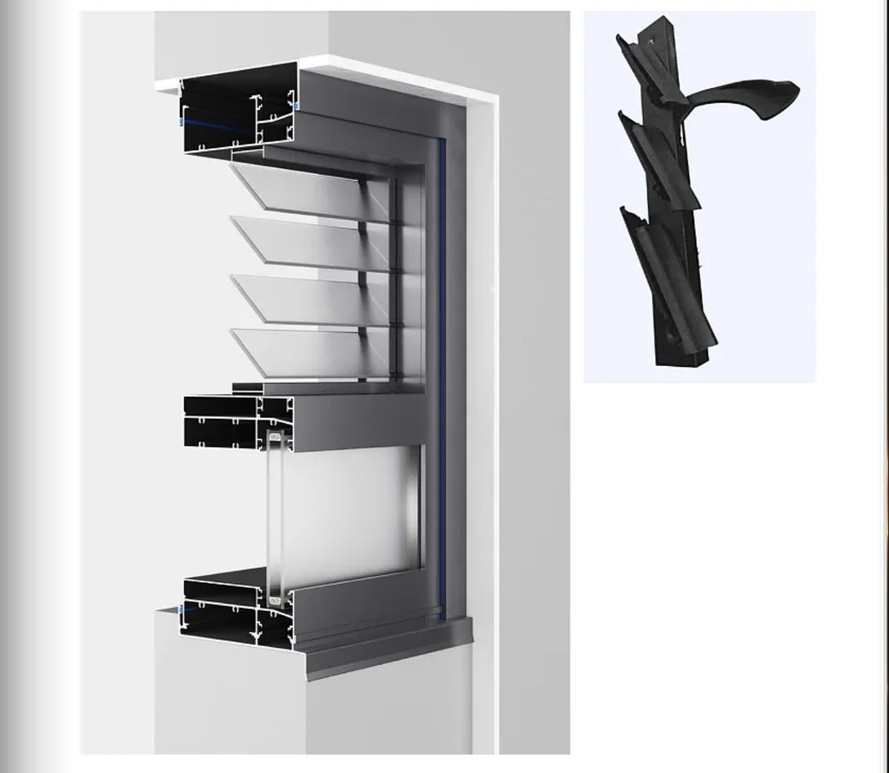 IMLANG 150 Louver Window frame cutaway diagram and hardware
