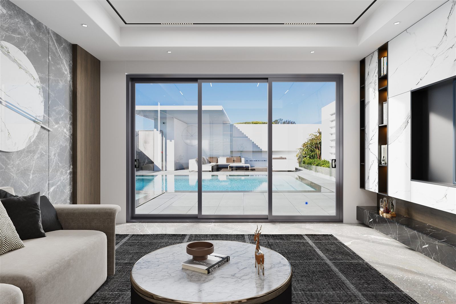 IMLANG 150 3-Track Sliding Door opening onto a poolside deck at night