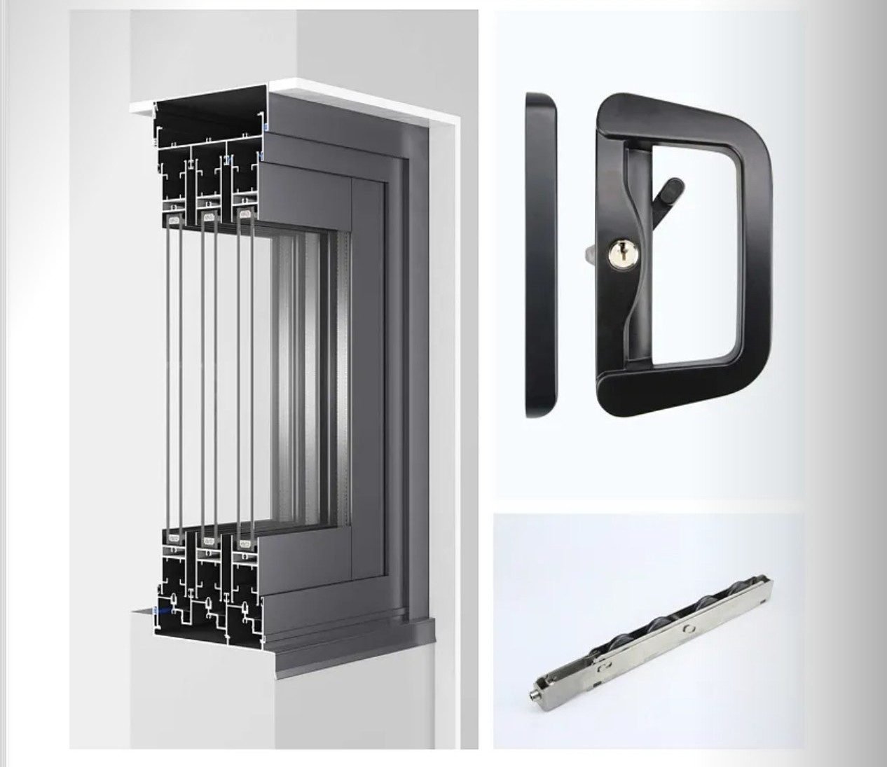 IMLANG 150 3-Track Sliding Door frame cutaway diagram and hardware