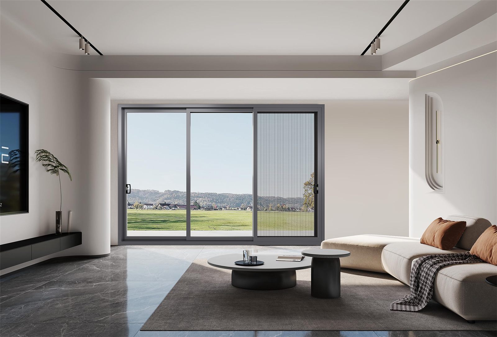 IMLANG multi-panel sliding door with flyscreen opening onto a grassed yard