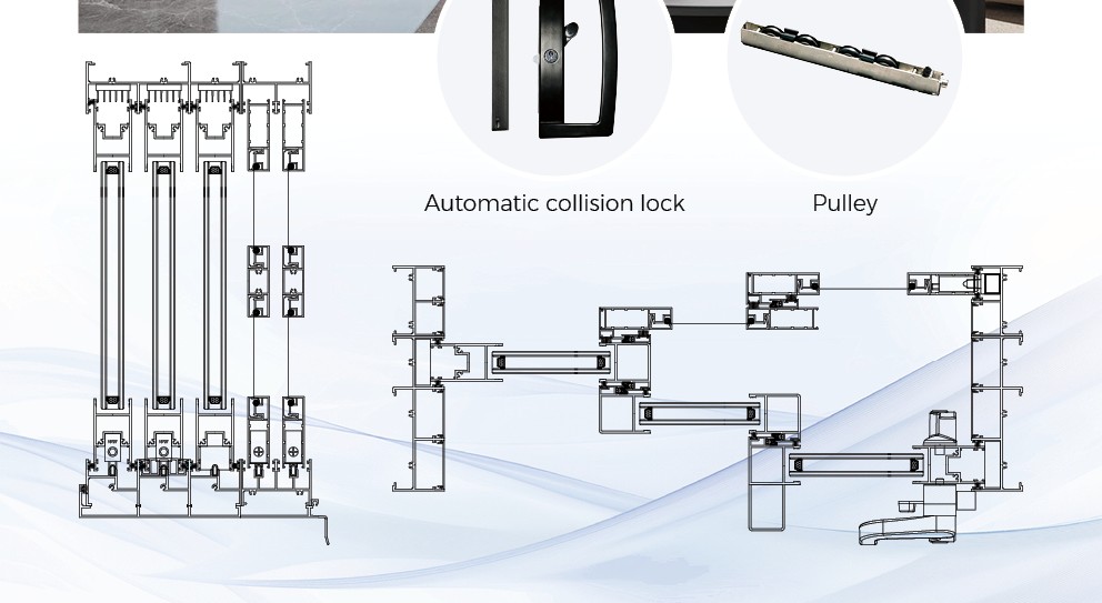 IMLANG 220 Multi-Panel Sliding Door frame cutaway diagram and hardware